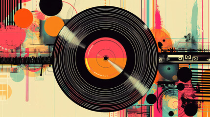 A vinyl record with bright colors and abstract shapes in the background