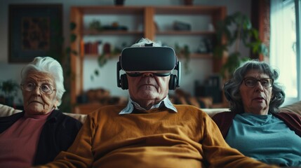 An elderly Caucasian man wearing a vr headset plays a vr game while meeting with two diverse elderly female friends in a bright and comfortable apartment.