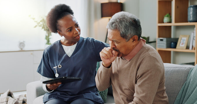 Home, nurse and senior man with cough or tablet in consultation with support or help. Sick, patient or elderly caregiver with person in hospice with lung cancer, tuberculosis or breathing with asma