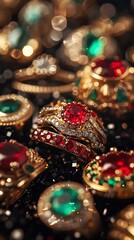 Fototapeta premium A close-up image of a pile of gold rings and gemstones