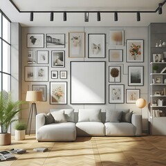 A Room with a mockup poster empty white and with a couch and a picture frame realistic card design art meaning harmony.