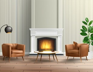 Modern living room interior mockup with leather sofa, armchair and fireplace, 3d rendering