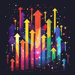 An energetic vector background with dynamic arrows pointing upwards in bright colors, symbolizing growth and success