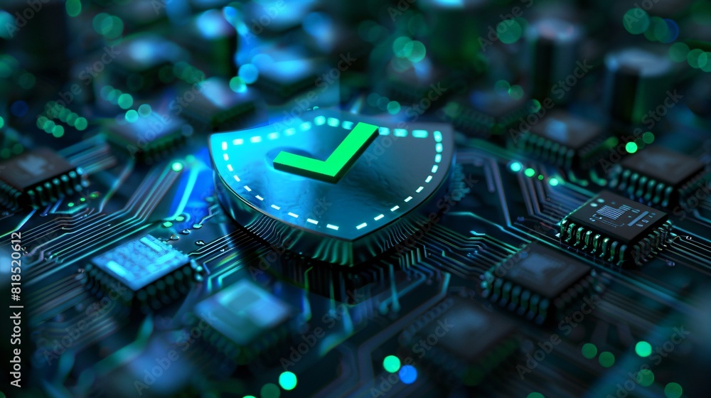 Poster cybersecurity check mark shield on microchip