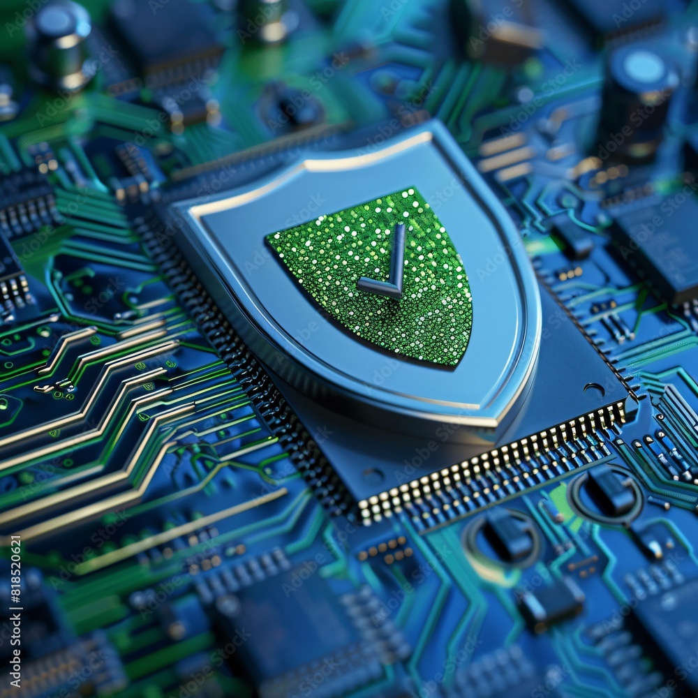 Poster cybersecurity green shield on microchip circuit board