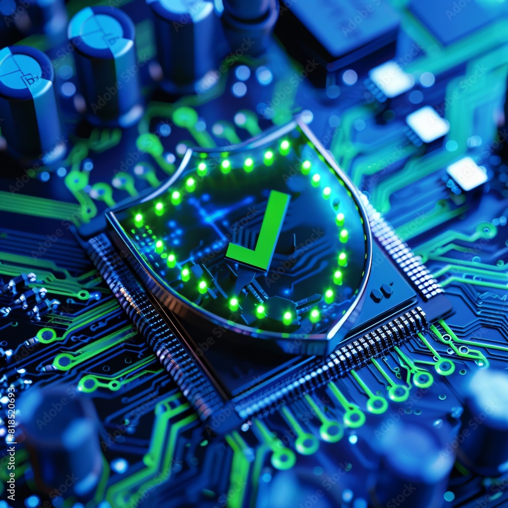 Aufkleber cybersecurity green shield with checkmark on advanced circuit board