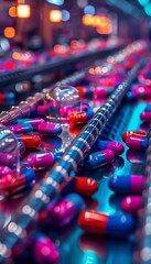 Obraz premium Create an abstract image of pills on a conveyor belt with a blue and purple neon color scheme. The image should be visually striking and have a sense of movement.