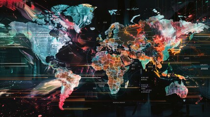 A world database map where modernity meets data, technology convergence and visualization, a tech vibe. Presenting global information in a visually appealing format