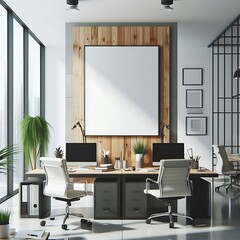 A Room with a mockup poster empty white and with a large desk and chairs and a large picture frame realistic art card design attractive card design.