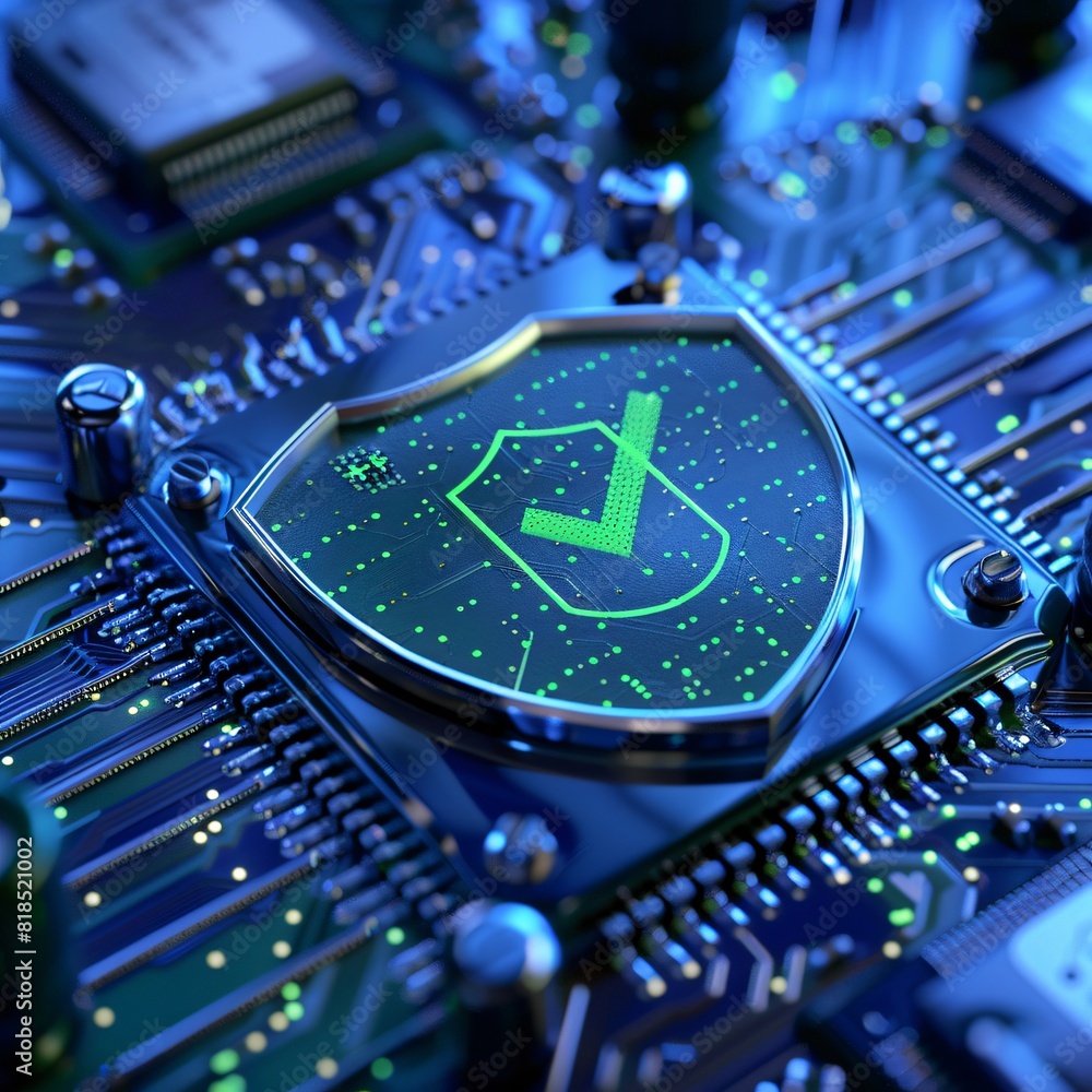 Poster cybersecurity shield with check mark on microchip