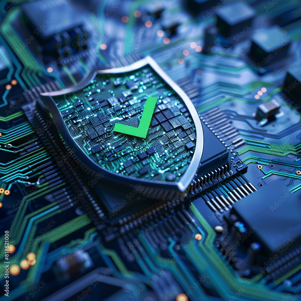 Poster cybersecurity shield with check mark on circuit board
