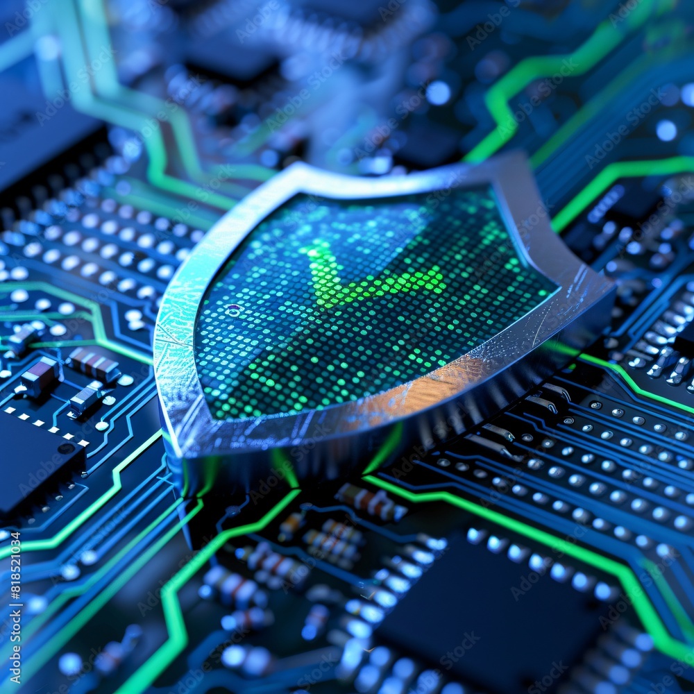 Poster cybersecurity shield with green check mark on circuit board