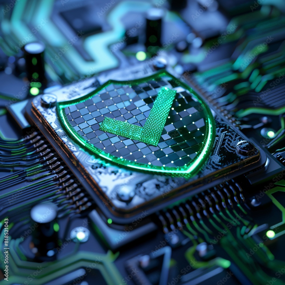 Aufkleber cybersecurity shield with green check mark on microchip
