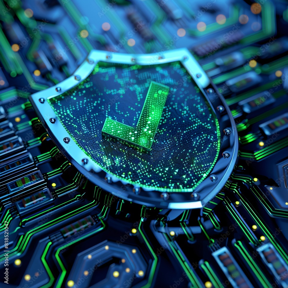 Aufkleber cybersecurity shield with green check mark on tech circuit board