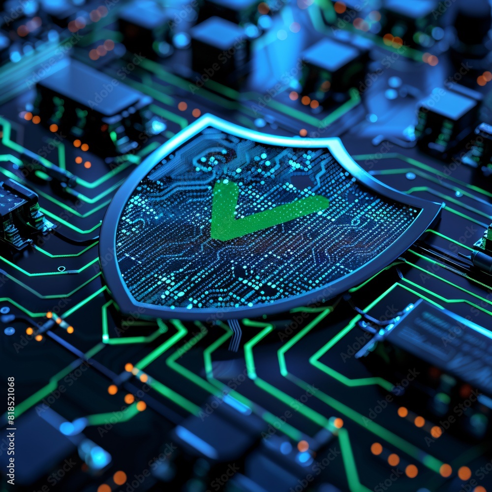Poster cybersecurity shield with green checkmark on microchip circuit board