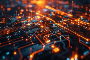 Obraz premium A close-up of a computer chip with AI algorithms represented by glowing lines and data streams