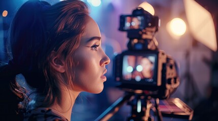 An A woman is recording a video about cosmetics for a beauty blog. She shows a set of makeup on the camera.