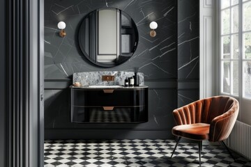 A contemporary bathroom with a sleek marble vanity and geometric patterned floor tiles