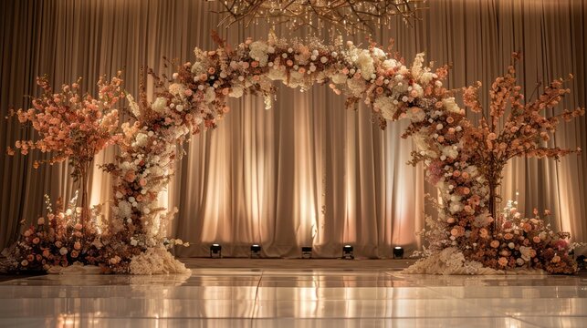Romance and elegance with a stunning floral arch placed in front of the backdrop and dining table. To create a focal point for celebrating love.