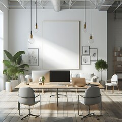 A Room with a mockup poster empty white and with a table and chairs in office and a computer realistic has illustrative attractive used for printing.