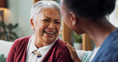 Happy face, nurse and elderly patient in nursing home for healthcare and volunteer with charity on...