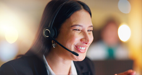 Woman, headphones and mic with smile on call as contact center, agent or sales representative in...