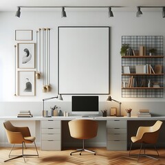 A desk with a computer and chairs in a Room with a mockup poster empty white and with a picture frame used for printing harmony lively realistic.