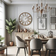 A dining Room with a mockup poster empty white and with a table and chairs in office used for printing has illustrative art attractive.