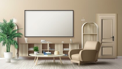 Big poster picture blank frame in modern home interior, reading , beige tones, modern design armchair and furniture, 3d render