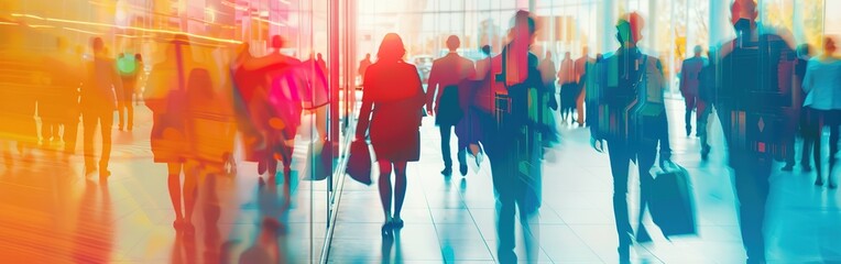 Blurred business people walking in the office. Walking Businesspeople walking in blurred motion in modern office space