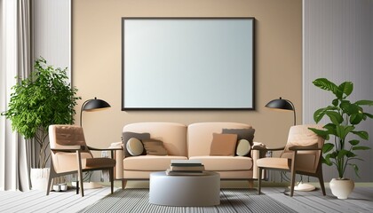 Big poster picture blank frame in modern home interior, reading , beige tones, modern design armchair and furniture, 3d render