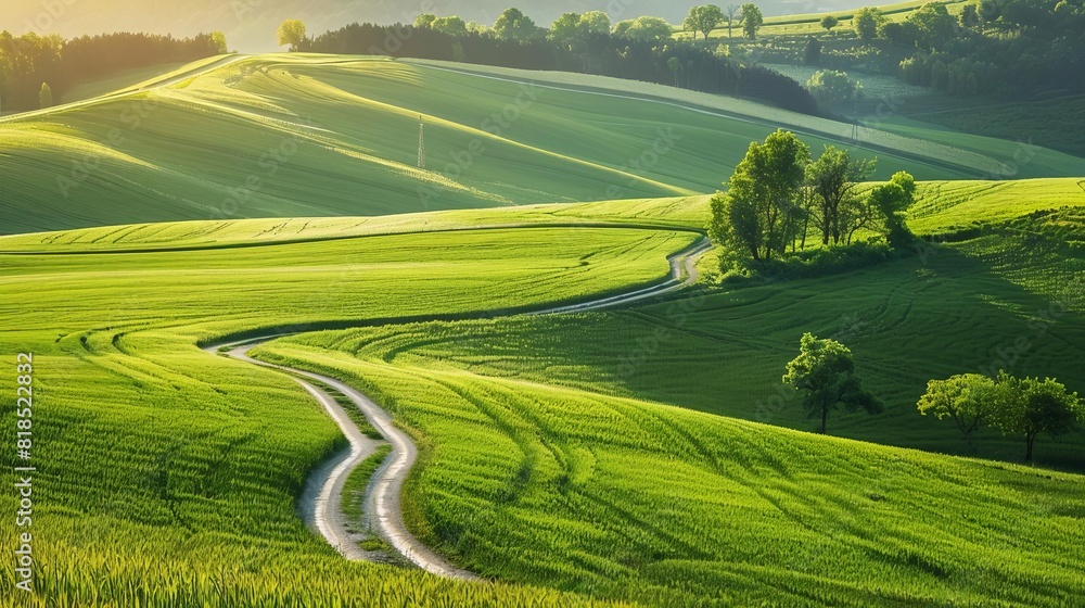 Wall mural serene green field landscape with winding road isolated outdoor scenery