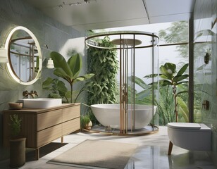 luxury bathroom with shower cabin, 3d rendering - Powered by Adobe
