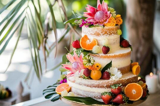 A tropical-themed wedding cake decorated with exotic fruits and vibrant blooms
