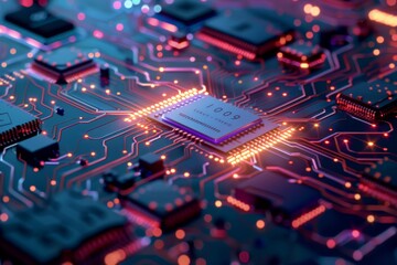 Obraz premium An abstract background with interconnected circuitry and glowing computer chips, representing AI technology