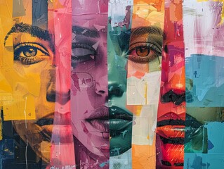 Layered faces, varying angles, character moods, candid portrait collage , vibrant color