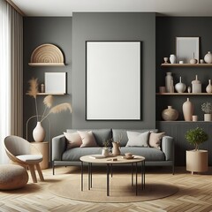 A living Room with a mockup poster empty white and with a couch and a coffee table art card design meaning has illustrative art.