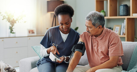 Elderly man, living room and nurse with blood pressure for heart rate, cardiovascular support or...