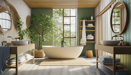 Obraz premium bathroom with tub, wooden shelves with bath accesories, bathrobe, 3d rendering