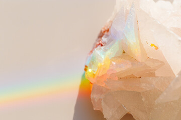 Quartz Prism's Rainbow Reflection at sunlight, close up of clear quartz crystal captures prismatic rainbow, natural facets and beauty of mineral. Minimal aesthetic nature pattern, beige pastel tone