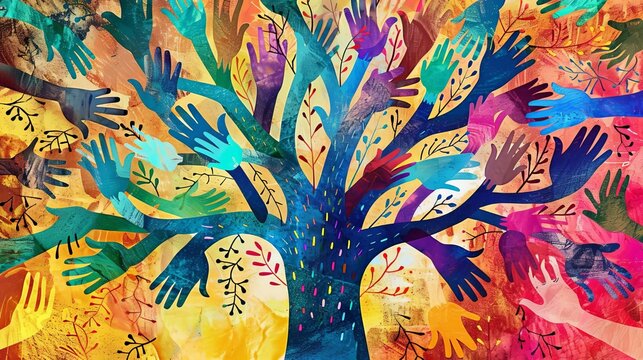 vibrant mosaic tree of diverse human hands unity in diversity concept illustration
