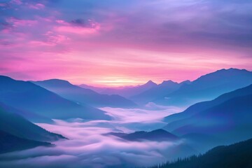A breathtaking sunrise over a misty mountain valley, painting the sky in pastel hues