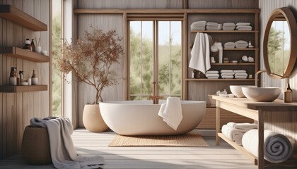 bathroom with tub, wooden shelves with bath accesories, bathrobe, 3d rendering