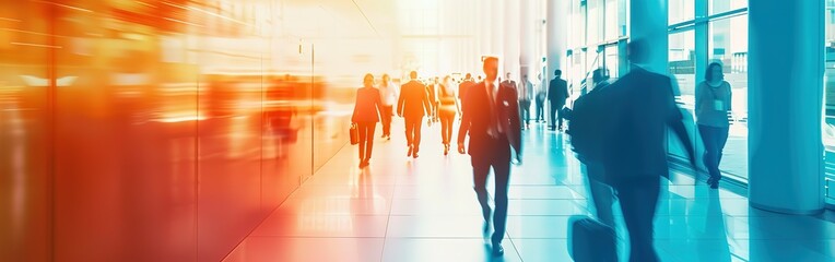 Blurred business people walking in the office. Walking Businesspeople walking in blurred motion in modern office space