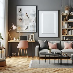 A living Room with a mockup poster empty white and with a couch and a desk art image card design art harmony.