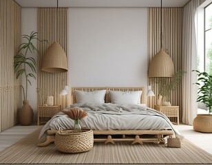 home interior, scandinavian style bedroom mock up, 3d rendering
