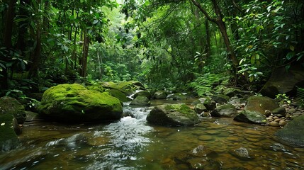Obraz premium serene forest stream winding through mossy rocks lush jungle setting isolated on white