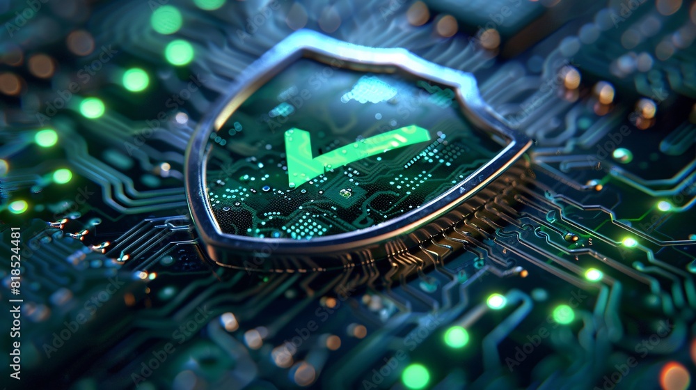 Poster green shield with check mark on circuit board