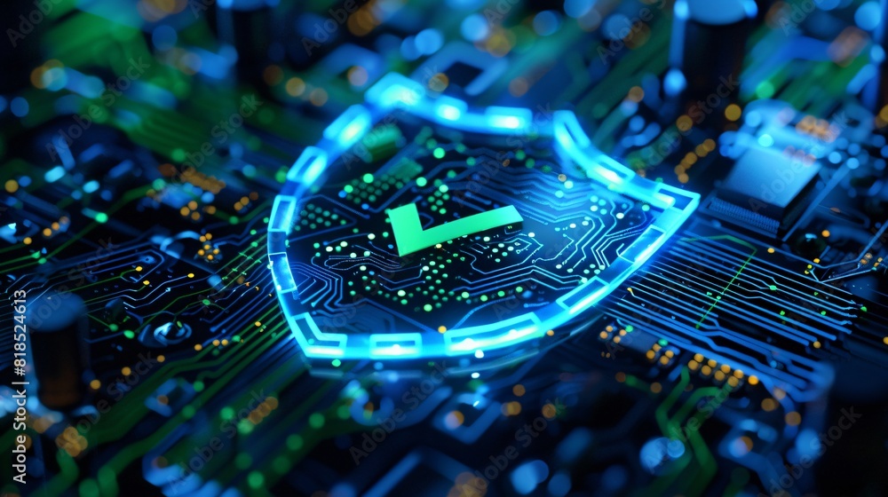 Poster shield with checkmark on secure circuit board