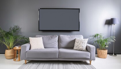 Blank TV screen in modern dark interior with gray sofa in darkness mock up, front view. TV in living room interior background, empty TV display template, 3d